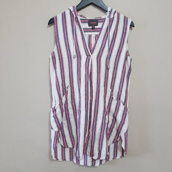 ForCynthia linen blend red & blue wide stripe beach coverup dress hood size S - Picture 1 of 4